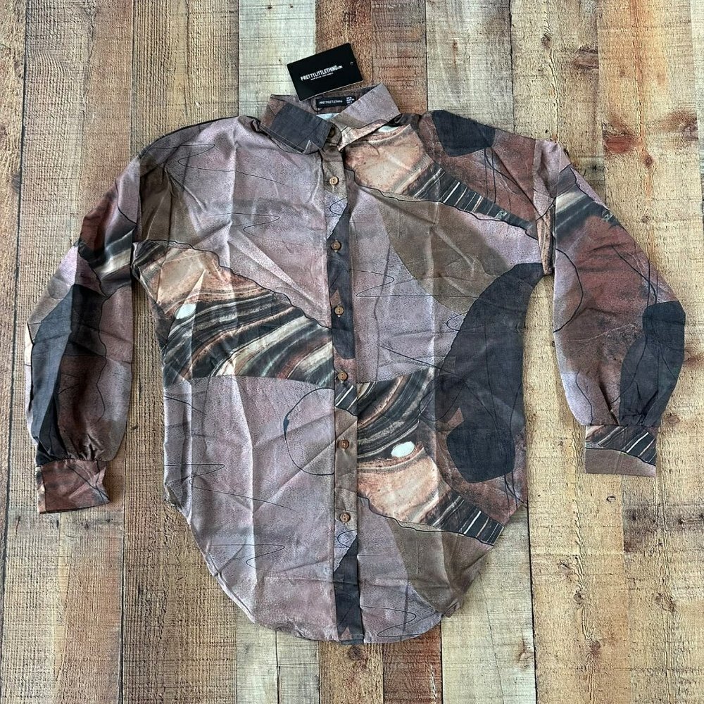 Pretty Little Thing brown abstract oversize button down shirt women's 2